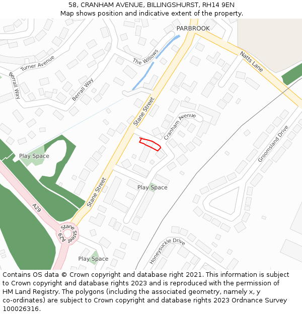 58, CRANHAM AVENUE, BILLINGSHURST, RH14 9EN: Location map and indicative extent of plot
