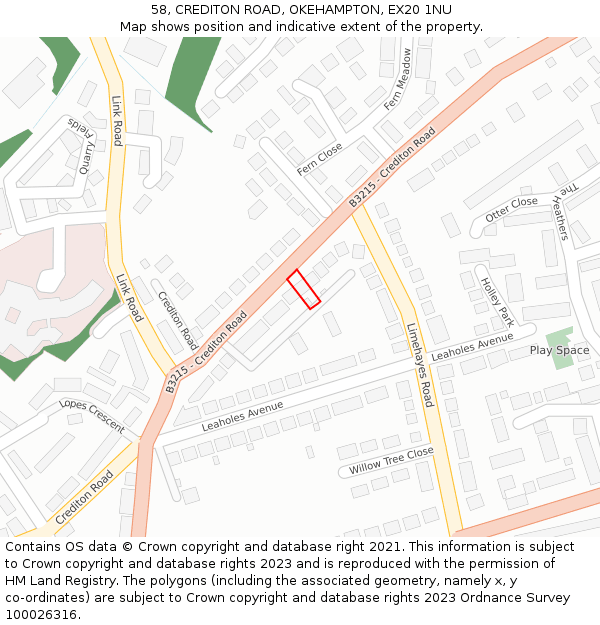 58, CREDITON ROAD, OKEHAMPTON, EX20 1NU: Location map and indicative extent of plot