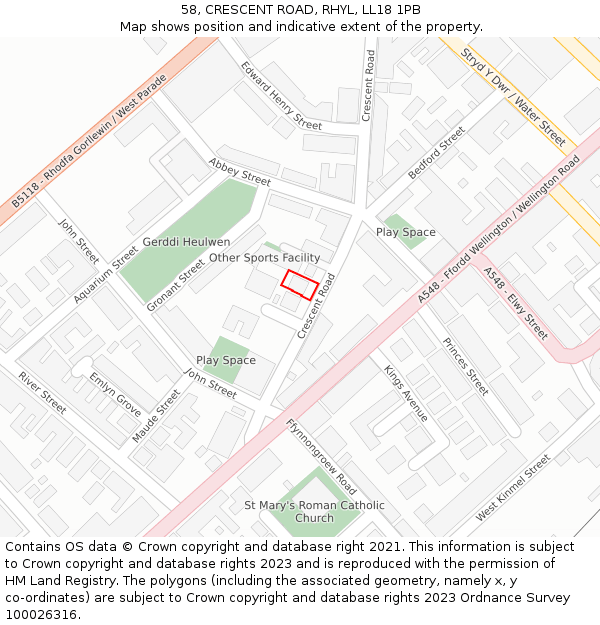 58, CRESCENT ROAD, RHYL, LL18 1PB: Location map and indicative extent of plot