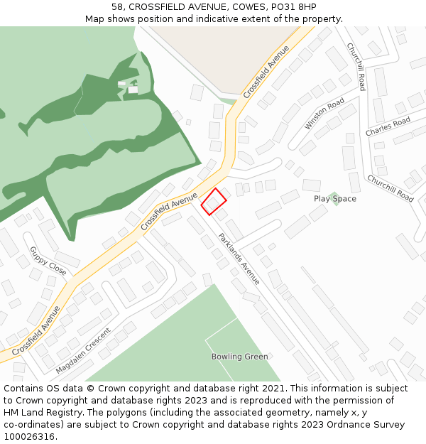 58, CROSSFIELD AVENUE, COWES, PO31 8HP: Location map and indicative extent of plot