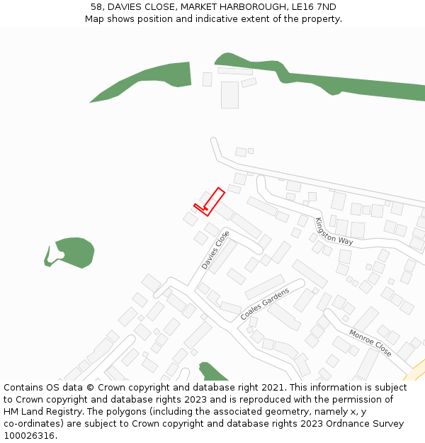 58, DAVIES CLOSE, MARKET HARBOROUGH, LE16 7ND: Location map and indicative extent of plot