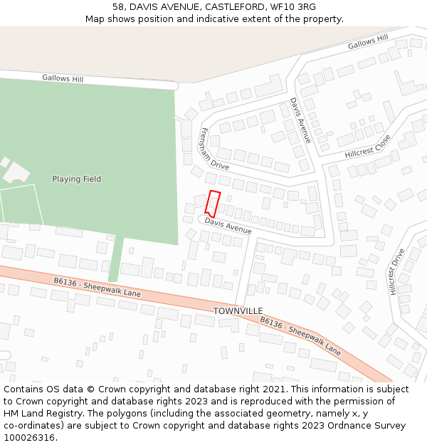 58, DAVIS AVENUE, CASTLEFORD, WF10 3RG: Location map and indicative extent of plot