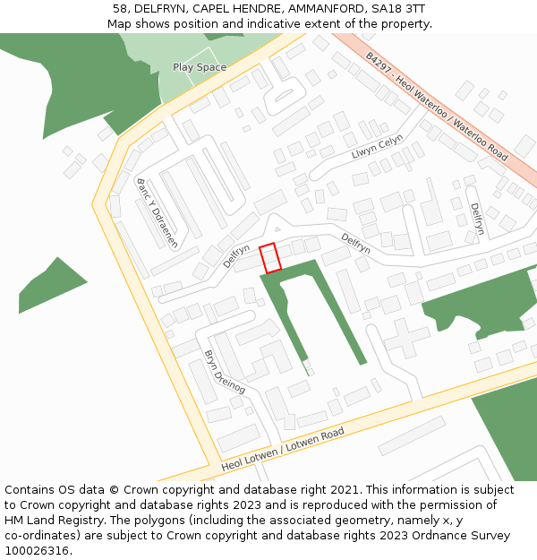 58, DELFRYN, CAPEL HENDRE, AMMANFORD, SA18 3TT: Location map and indicative extent of plot