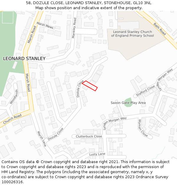 58, DOZULE CLOSE, LEONARD STANLEY, STONEHOUSE, GL10 3NL: Location map and indicative extent of plot