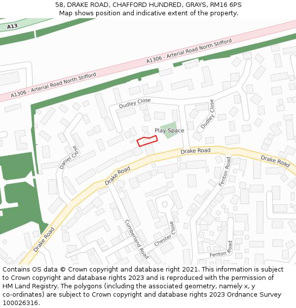 58, DRAKE ROAD, CHAFFORD HUNDRED, GRAYS, RM16 6PS: Location map and indicative extent of plot