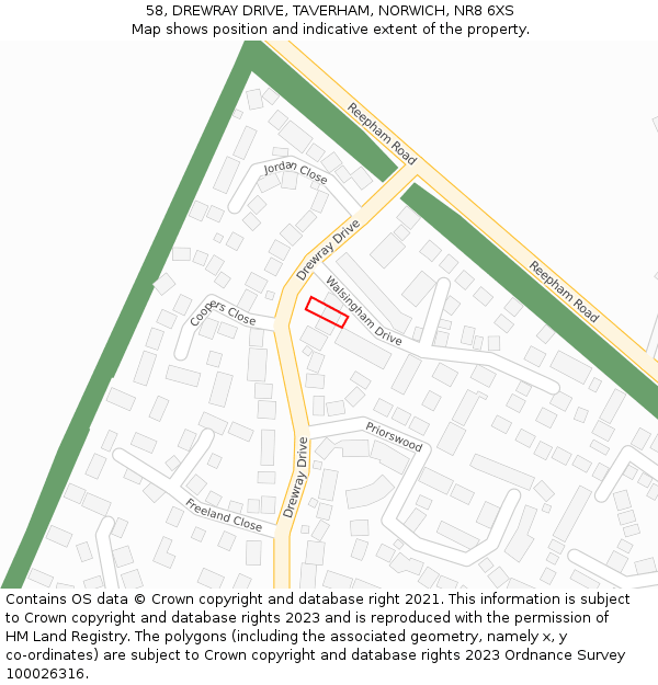 58, DREWRAY DRIVE, TAVERHAM, NORWICH, NR8 6XS: Location map and indicative extent of plot