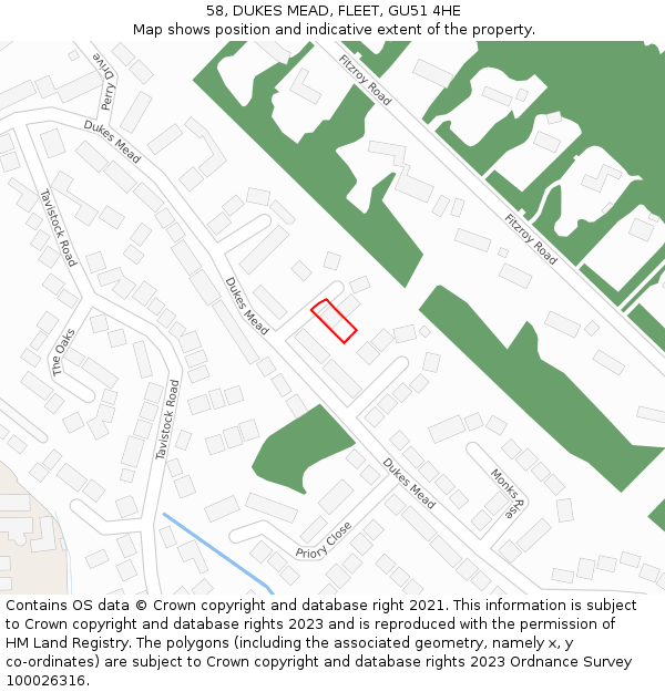 58, DUKES MEAD, FLEET, GU51 4HE: Location map and indicative extent of plot