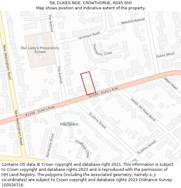 58, DUKES RIDE, CROWTHORNE, RG45 6NY: Location map and indicative extent of plot