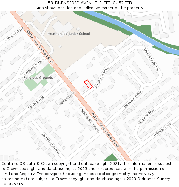58, DURNSFORD AVENUE, FLEET, GU52 7TB: Location map and indicative extent of plot