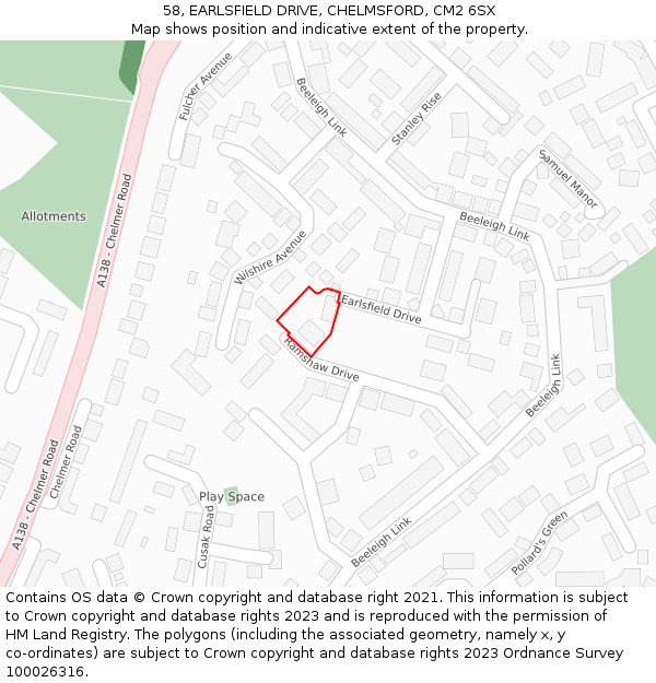 58, EARLSFIELD DRIVE, CHELMSFORD, CM2 6SX: Location map and indicative extent of plot