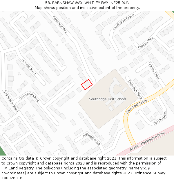58, EARNSHAW WAY, WHITLEY BAY, NE25 9UN: Location map and indicative extent of plot
