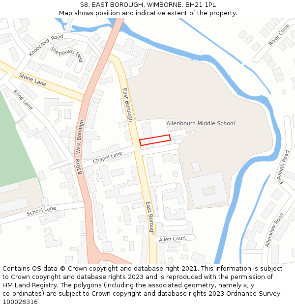 58, EAST BOROUGH, WIMBORNE, BH21 1PL: Location map and indicative extent of plot