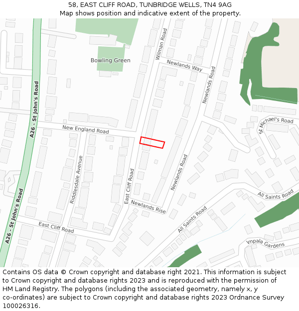 58, EAST CLIFF ROAD, TUNBRIDGE WELLS, TN4 9AG: Location map and indicative extent of plot