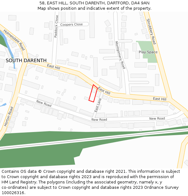 58, EAST HILL, SOUTH DARENTH, DARTFORD, DA4 9AN: Location map and indicative extent of plot