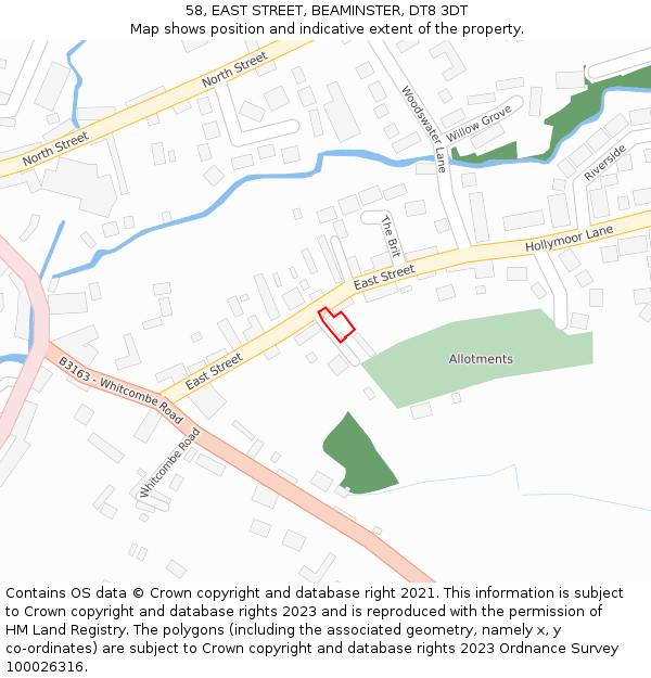 58, EAST STREET, BEAMINSTER, DT8 3DT: Location map and indicative extent of plot