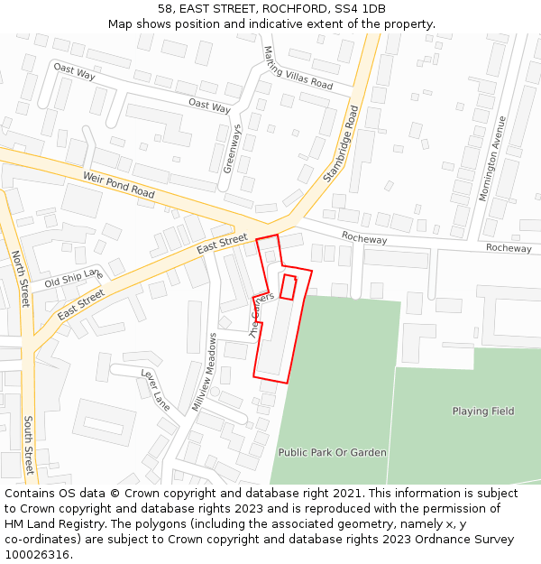 58, EAST STREET, ROCHFORD, SS4 1DB: Location map and indicative extent of plot