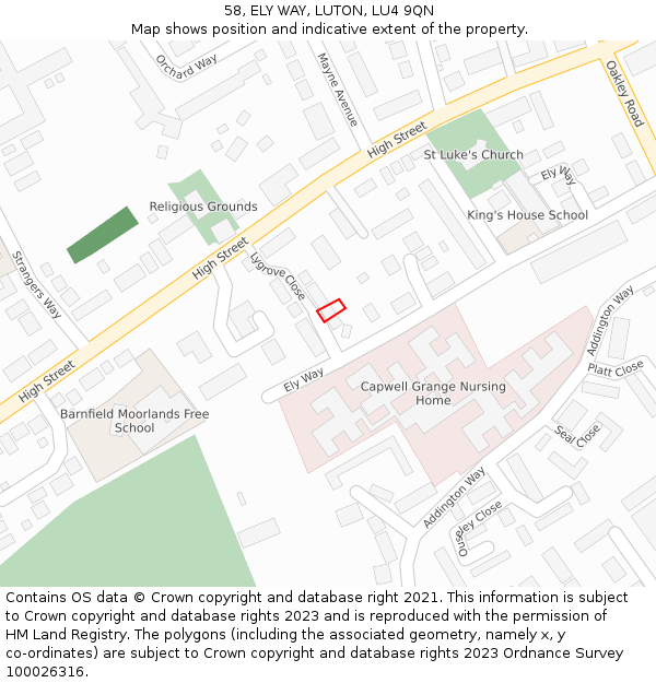 58, ELY WAY, LUTON, LU4 9QN: Location map and indicative extent of plot