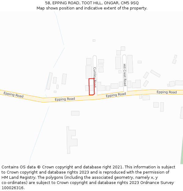 58, EPPING ROAD, TOOT HILL, ONGAR, CM5 9SQ: Location map and indicative extent of plot