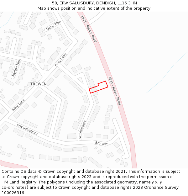 58, ERW SALUSBURY, DENBIGH, LL16 3HN: Location map and indicative extent of plot