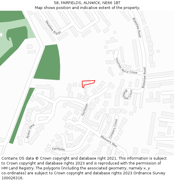 58, FAIRFIELDS, ALNWICK, NE66 1BT: Location map and indicative extent of plot