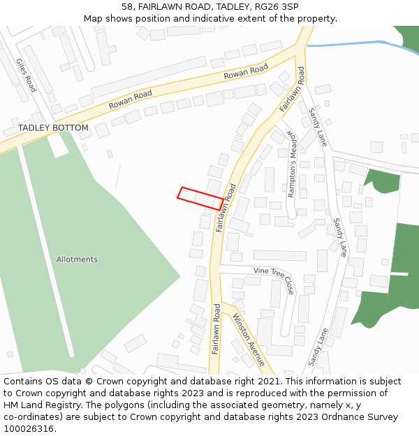 58, FAIRLAWN ROAD, TADLEY, RG26 3SP: Location map and indicative extent of plot