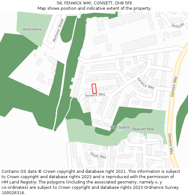 58, FENWICK WAY, CONSETT, DH8 5FE: Location map and indicative extent of plot