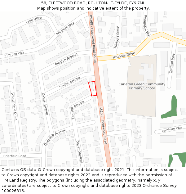 58, FLEETWOOD ROAD, POULTON-LE-FYLDE, FY6 7NL: Location map and indicative extent of plot