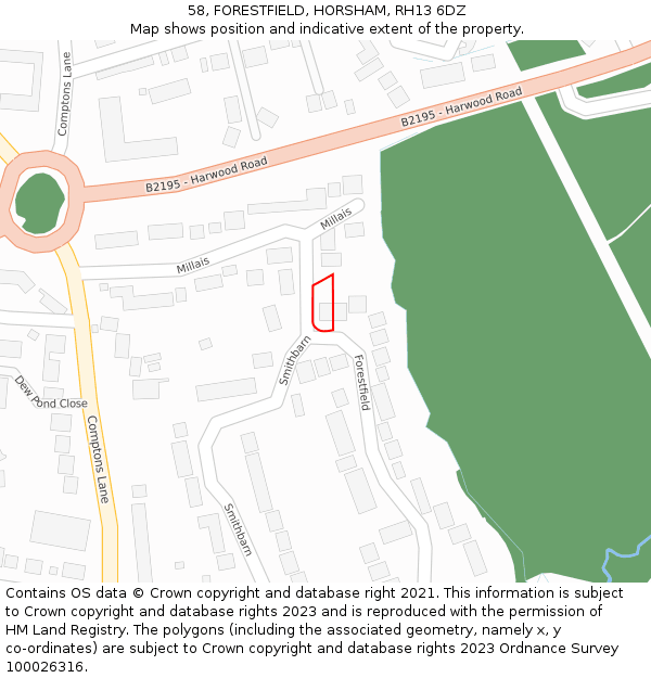 58, FORESTFIELD, HORSHAM, RH13 6DZ: Location map and indicative extent of plot