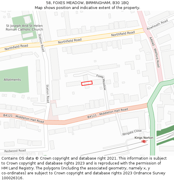 58, FOXES MEADOW, BIRMINGHAM, B30 1BQ: Location map and indicative extent of plot