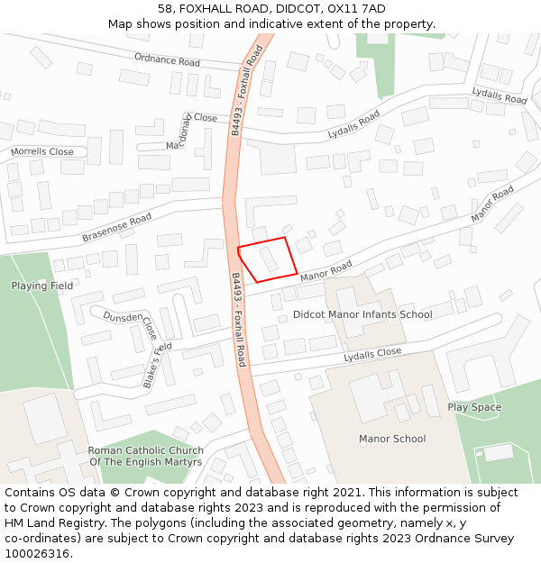58, FOXHALL ROAD, DIDCOT, OX11 7AD: Location map and indicative extent of plot