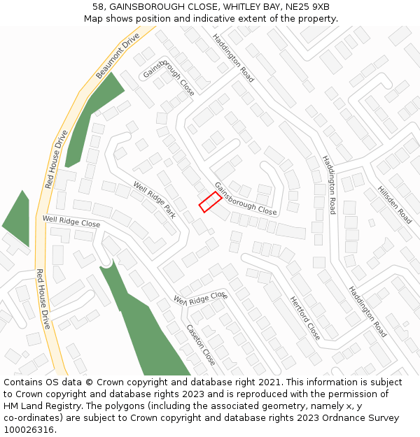 58, GAINSBOROUGH CLOSE, WHITLEY BAY, NE25 9XB: Location map and indicative extent of plot