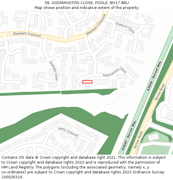 58, GODMANSTON CLOSE, POOLE, BH17 8BU: Location map and indicative extent of plot