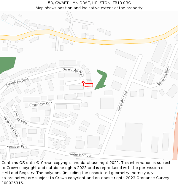 58, GWARTH AN DRAE, HELSTON, TR13 0BS: Location map and indicative extent of plot