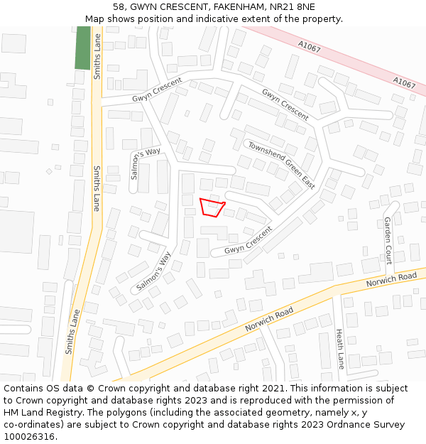 58, GWYN CRESCENT, FAKENHAM, NR21 8NE: Location map and indicative extent of plot
