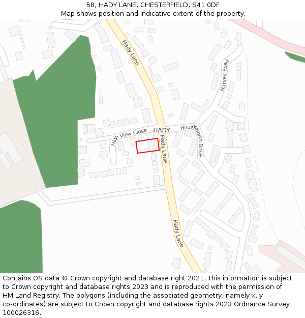 58, HADY LANE, CHESTERFIELD, S41 0DF: Location map and indicative extent of plot