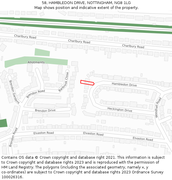 58, HAMBLEDON DRIVE, NOTTINGHAM, NG8 1LG: Location map and indicative extent of plot