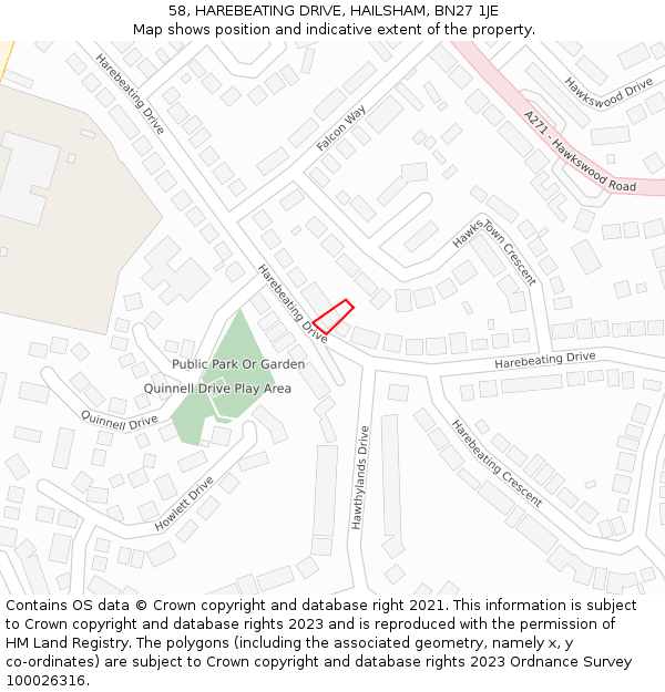 58, HAREBEATING DRIVE, HAILSHAM, BN27 1JE: Location map and indicative extent of plot