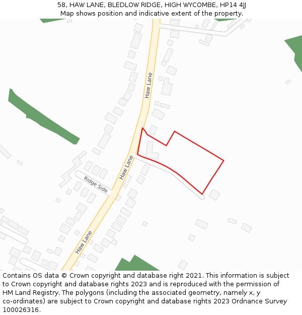 58, HAW LANE, BLEDLOW RIDGE, HIGH WYCOMBE, HP14 4JJ: Location map and indicative extent of plot