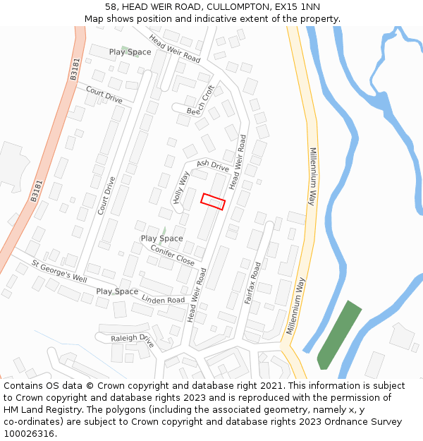 58, HEAD WEIR ROAD, CULLOMPTON, EX15 1NN: Location map and indicative extent of plot