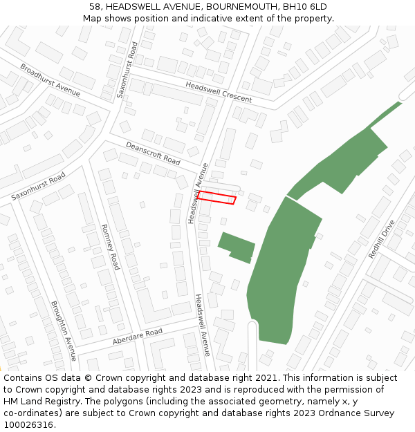 58, HEADSWELL AVENUE, BOURNEMOUTH, BH10 6LD: Location map and indicative extent of plot