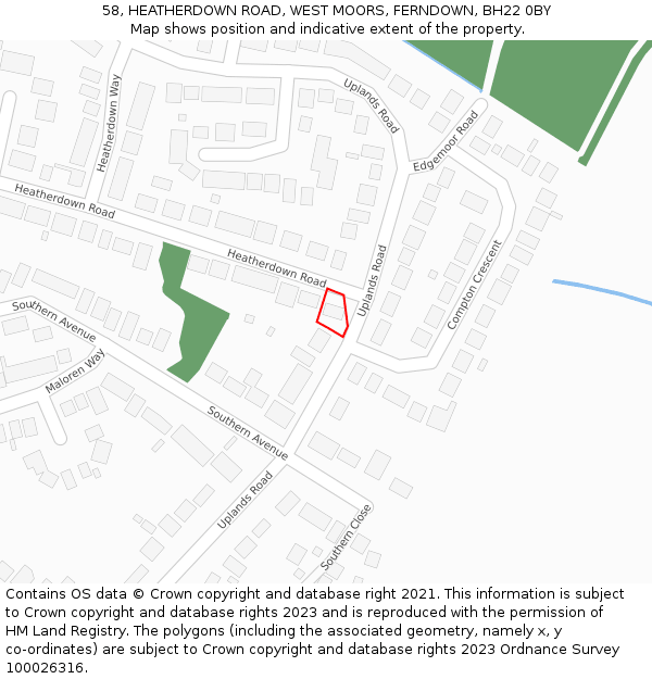 58, HEATHERDOWN ROAD, WEST MOORS, FERNDOWN, BH22 0BY: Location map and indicative extent of plot