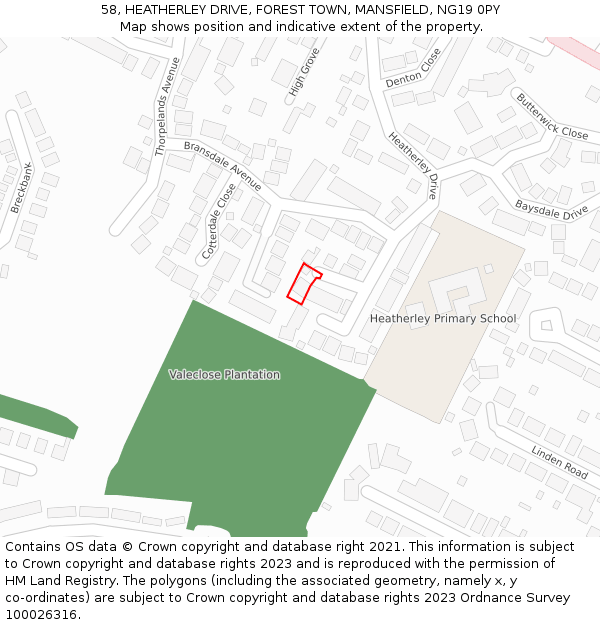 58, HEATHERLEY DRIVE, FOREST TOWN, MANSFIELD, NG19 0PY: Location map and indicative extent of plot