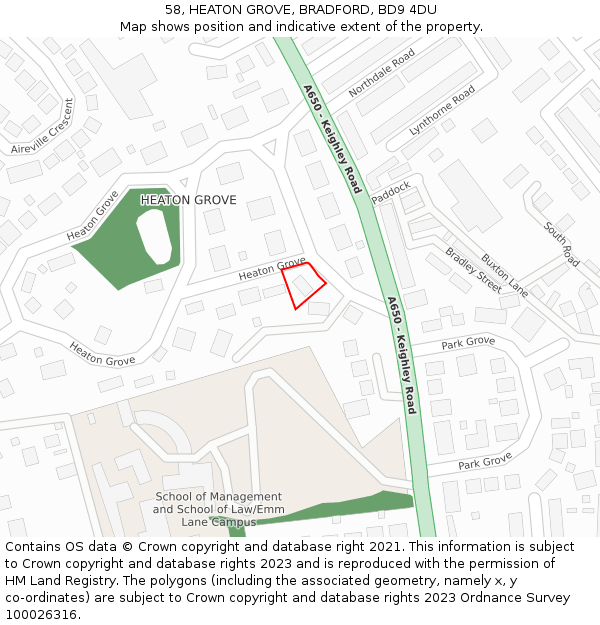 58, HEATON GROVE, BRADFORD, BD9 4DU: Location map and indicative extent of plot