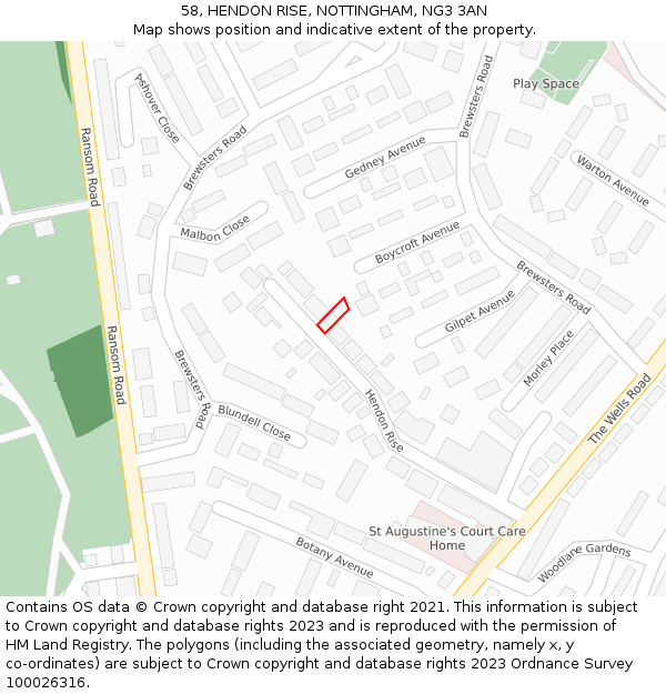 58, HENDON RISE, NOTTINGHAM, NG3 3AN: Location map and indicative extent of plot