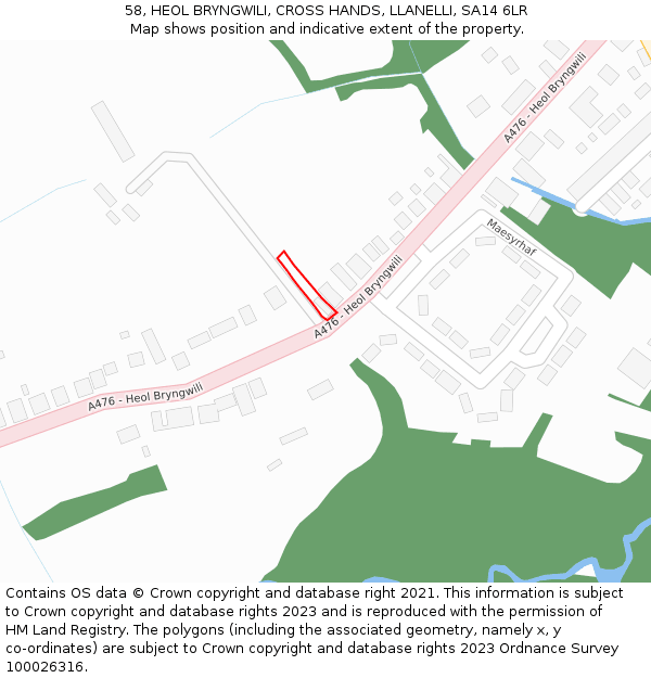 58, HEOL BRYNGWILI, CROSS HANDS, LLANELLI, SA14 6LR: Location map and indicative extent of plot