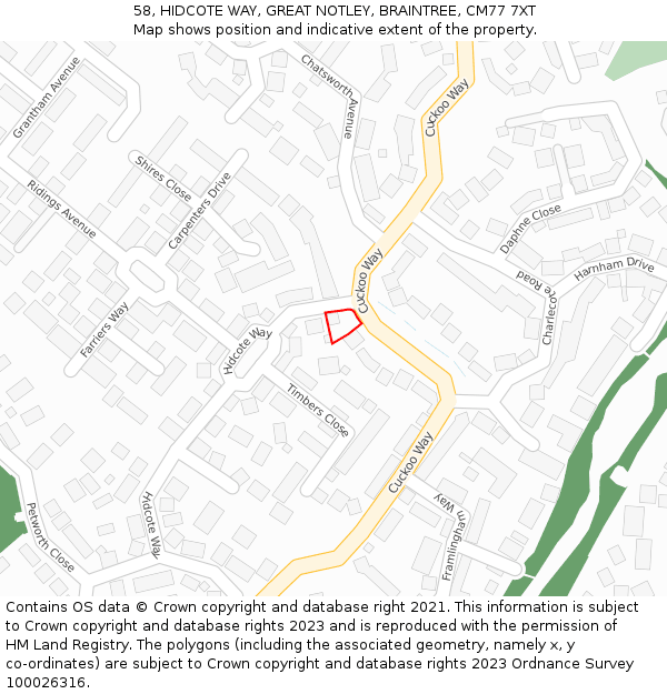 58, HIDCOTE WAY, GREAT NOTLEY, BRAINTREE, CM77 7XT: Location map and indicative extent of plot