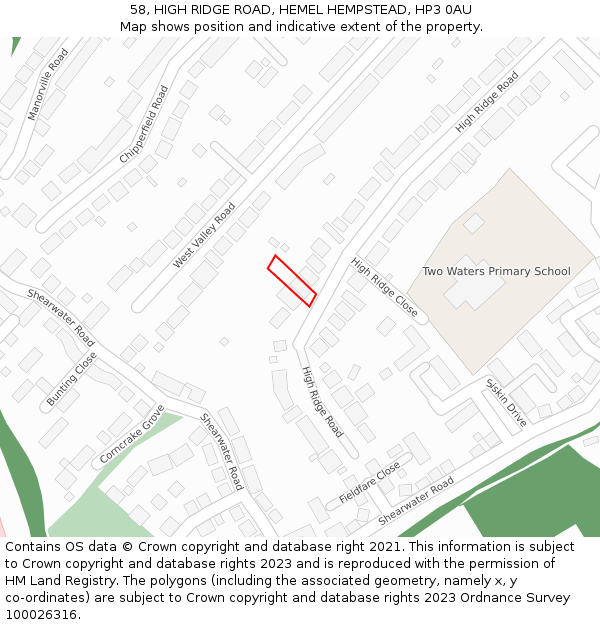 58, HIGH RIDGE ROAD, HEMEL HEMPSTEAD, HP3 0AU: Location map and indicative extent of plot