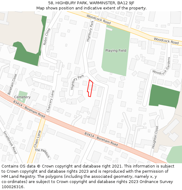 58, HIGHBURY PARK, WARMINSTER, BA12 9JF: Location map and indicative extent of plot