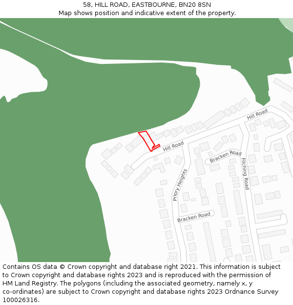 58, HILL ROAD, EASTBOURNE, BN20 8SN: Location map and indicative extent of plot
