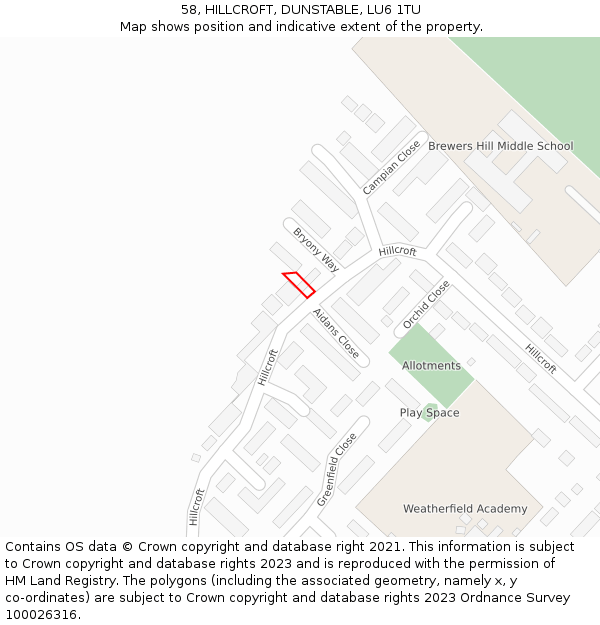 58, HILLCROFT, DUNSTABLE, LU6 1TU: Location map and indicative extent of plot